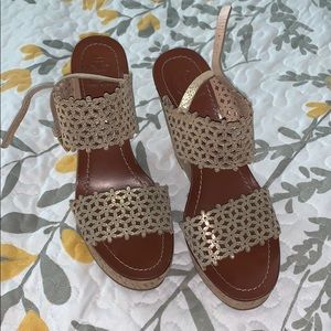 Tory Burch Cork Wedges Floral Perforated 7.5 Gold
